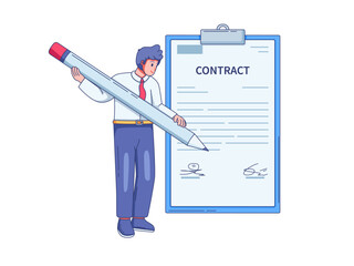 illustration showing a business person standing and holding a large pen signing a contract placed on a clipboard. T
he contract document includes visible text and layout, symbolizing formal agreement