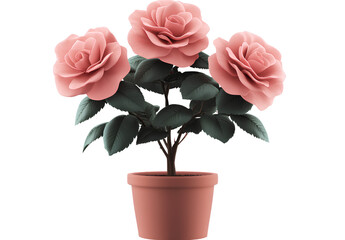 A pink rose plant in a pot, with three large flowers blooming on it. The leaves of each flower branch have long and slender