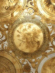 Ceiling intricate symmetrical Greek inspired patterns central circular motif leaves flowers gold white backdrop