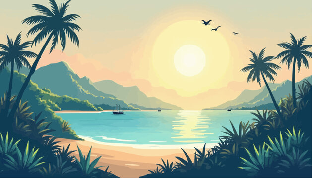 Tropical beach view with palm tree, mountain and sunlight