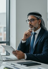 Potrait of Muslim Businessman in Suit Analyzing Tablet at Office
