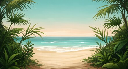 Soft watercolor blend of tropical foliage and ocean breeze tones. Green, teal, and sandy beige textures evoke serenity and warmth. Generative Ai