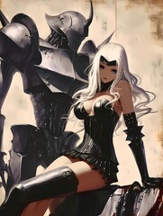 Warrior-woman, sitting on throne, black leather and armor, flanked by knight-like figure, beige wall background, fantasy scene, anime style.