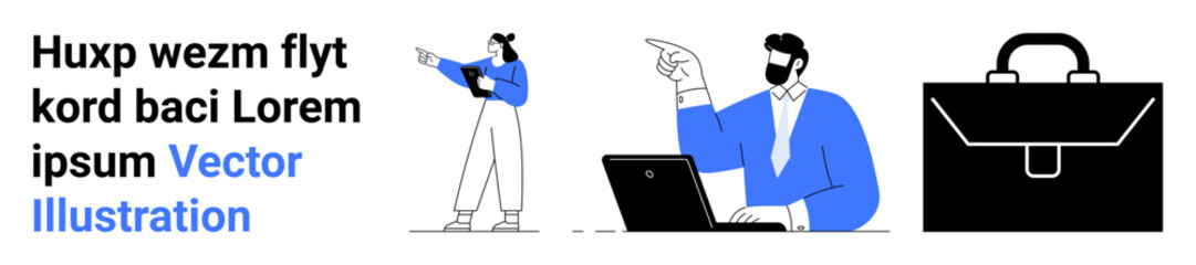 Two professionals engaging in discussion, one using a laptop while pointing, another holding documents. Close-up of a briefcase. Ideal for teamwork, planning, leadership, strategy, management