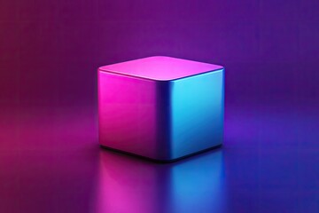 A vibrant,  glowing cube,  polished metallic surfaces,  in  pink and  blue,  neon lighting,  on a reflective surface