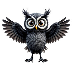 Owl illustration. Cartoon bird in 3D style. Bird image on transparent background.A cute black owl is standing with its wings spread.