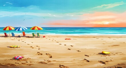 Obraz premium Abstract beach scene in watercolor with umbrellas, footprints, and sandy textures. Fun, youthful summer vacation mood. Generative Ai