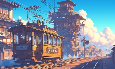 Vibrant steampunk streetcar anime illustration, traditional Japanese inspired design, wide road, retro buildings, bright sunny day.