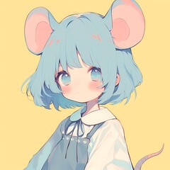 Anime youthful character blue hair mouse ears tail white blouse blue apron yellow background