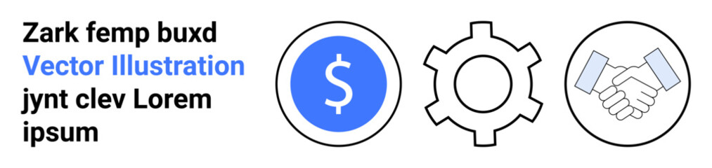 Blue dollar symbol, gear, and handshake emphasizing finance, process optimization, and partnership. Ideal for business, technology, teamwork, financial planning workflow analysis collaboration