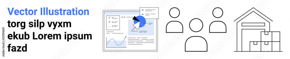 Poster analytics dashboard with pie chart and line graph, group of figures representing teamwork, warehouse
