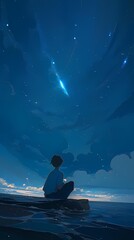 A lone figure stands on a rocky outcrop, gazing up at the star-filled night sky, with the ocean's gentle lapping and the horizon's subtle reminder of the world beyond.