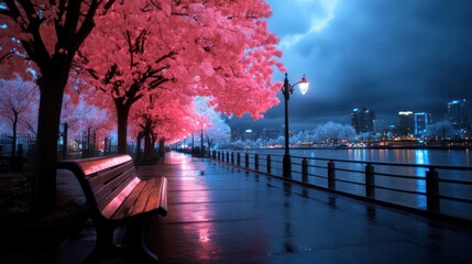 Pink And White Blossoming Trees Beside Wet Pathway With A Bench And A City Skyline Reflected In Water Under Night Sky