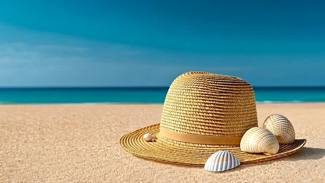 Summer Beach Hat and Seashells: Idyllic Vacation Scene