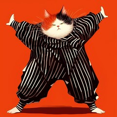 Cat in striped outfit, standing on one leg, red background, anime illustration.
