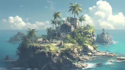 A serene, picturesque abandoned island with lush palm trees, rugged terrain, and a vibrant turquoise ocean, evoking a sense of tranquility and solitude.