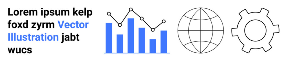 Bar chart with line graph, globe, and gear representing analytics, global reach, strategy, and planning. Ideal for technology, business management, innovation education and simple landing page
