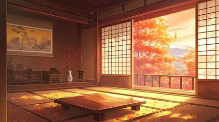 Anime illustration of a serene Japanese style room with tatami flooring, wooden furniture, and a picturesque view of a tree with fiery red leaves.