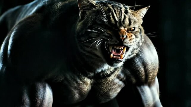 Angry and Terrifying Cat Growling with Sharp Fangs &ndash; Intense and Scary Animal Expression Illustration