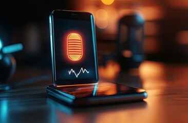 Mobile phone with microphone icon, recording audio