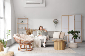 Beautiful young woman using laptop on cozy grey sofa in stylish living room