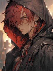 Anime illustration of young man with red hair, orange eyes, hooded jacket in moody cityscape