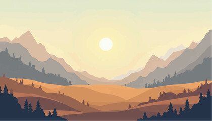 Landscape with mountains sun and trees