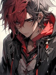 Young adult male portrait, red hair, dark eyes, black jacket, serious expression, anime illustration.