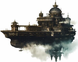 Grand ornate building, floating in sky, intricate architecture, fog, dreamlike, fantasy landscape.