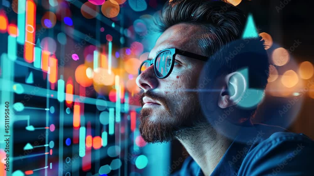 Poster data analyst examining complex information on a screen