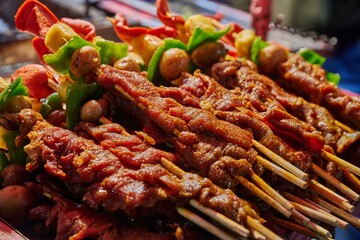 Close-up of colorful skewers with marinated meat, vegetables and potatoes for grilling in Ecuador. Rich flavors and festive street food traditions