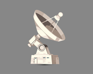 
A white satellite dish is on a grey background. The dish is pointing towards the sky. Concept of curiosity and wonder about the universe