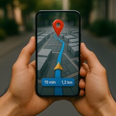 Hands Holding Smartphone with Augmented Reality Map Navigation, Future Technology & Immersive Experience.