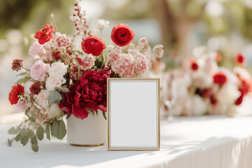 Obraz premium An elegant blank gold frame mockup on a beautifully decorated table with vibrant red and blush floral arrangements
