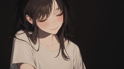 Anime girl with closed eyes gentle smile black background
