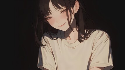 Young woman gentle smile blushing cheeks gazing down mole brown eyes prominent white t shirt