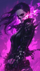 Mysterious female character with skull design and glowing red eyes, dramatic portrait against purple flames background.