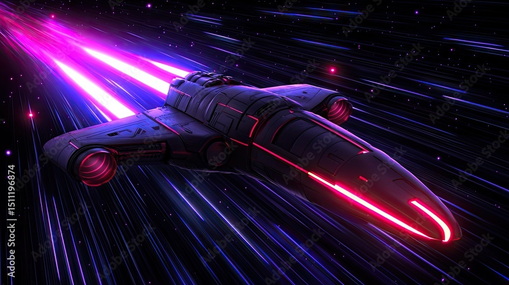 Poster futuristic spaceship traveling swiftly through space with glowing light streaks