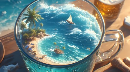 Anime illustration of tropical island paradise integrated into beer mug, palm trees, sandy beach, boat, surreal fantasy concept.