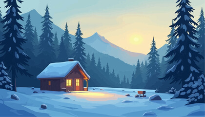 Winter cabin scene in snowy mountain landscape