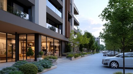 Modern Building Exterior with Glass Storefront Trees and Parked Cars in Daytime