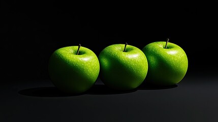 Three vibrant green apples resting on a dark reflective surface