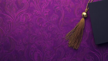 Graduation cap and tassel on purple damask background