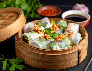 Fresh Asian rice paper rolls in bamboo steamer