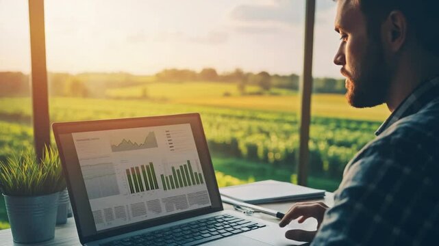 Man analyzes data on laptop with rural farm landscape providing an inspiring backdrop