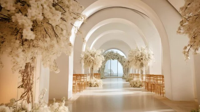 Ornate all-white chapel interior with floral arch, white arches, decorations, rows of chairs, minimalist setting for ceremony or wedding reception