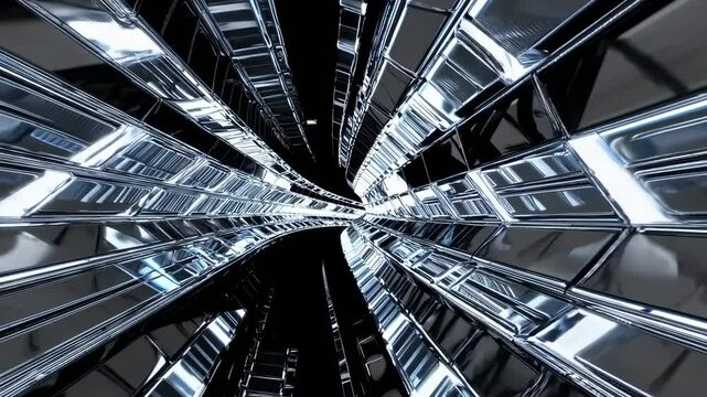 Futuristic silver chrome tunnel with reflective metallic panels and beams rushing forward, industrial tech vibe, smooth motion and specular highlights on black background