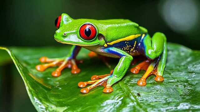 Closeup macro of a small, cute green tree frog with red eyes on a leaf, isolated white for this tropical amphibian wildlife nature shot