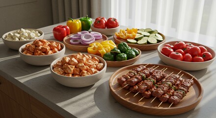 Delicious grilled kebabs with fresh vegetables and spices ready for a summer barbecue party 3d food