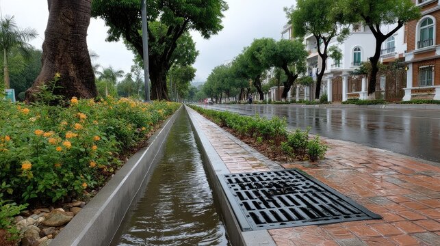 Urban street canal after rain